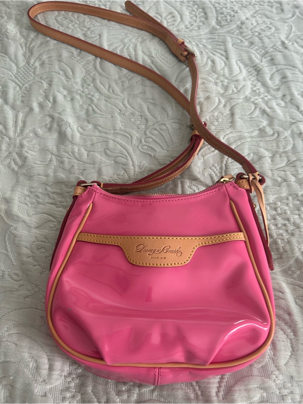 Dooney & Bourke Hot Pink Crossbody with Tan Trim.  Never used No scratches .